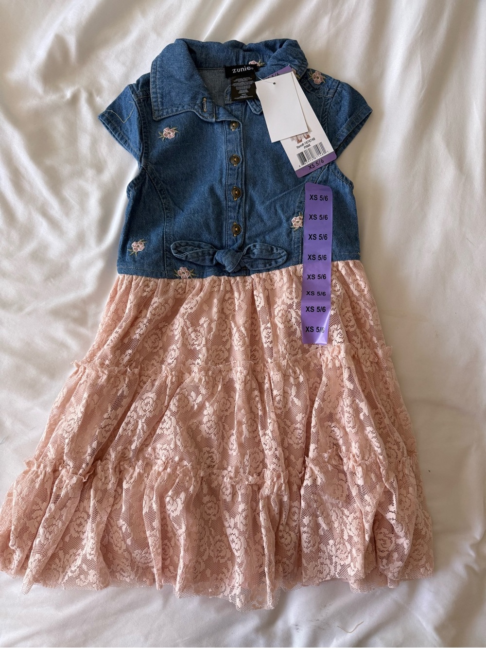 Zunie Blue Denim Bodice with Pink Lace Skirt Girls' Dress